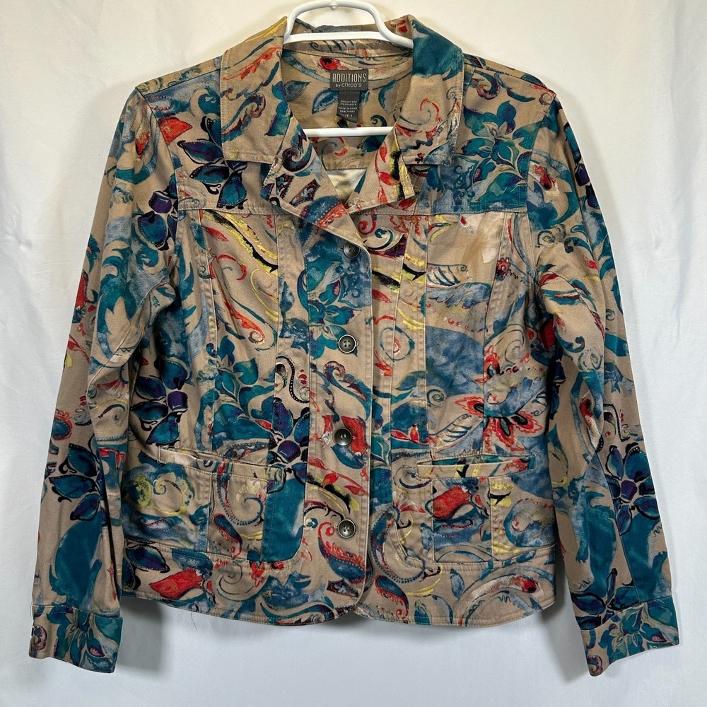 Additions Chico's Button Jacket Womens Medium Multicolor Floral Watercolor Art